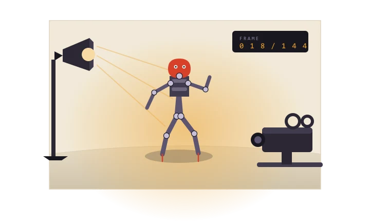 Original illustration of a ball-and-socket puppet armature on a lit shooting stage, with a lamp, a camera on a slider and a frame counter.