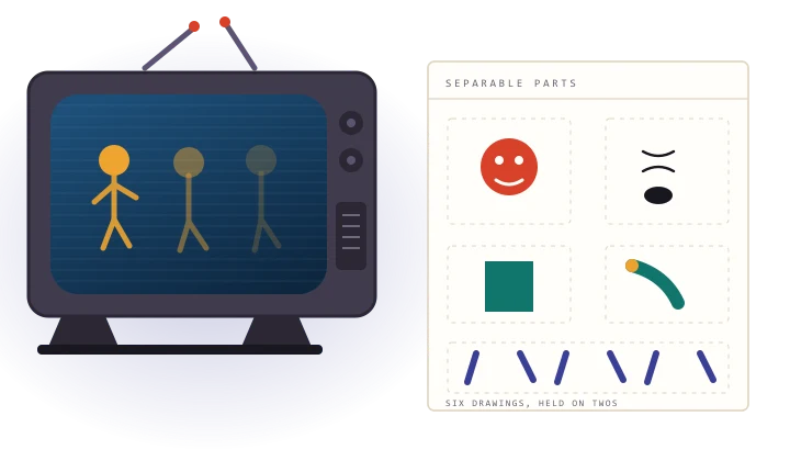 Original illustration of a television receiver showing a walk cycle beside a model sheet of separable character parts.