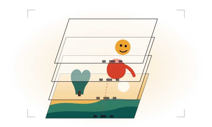 Original illustration of transparent drawing sheets separated above a painted background, held on registration pegs.