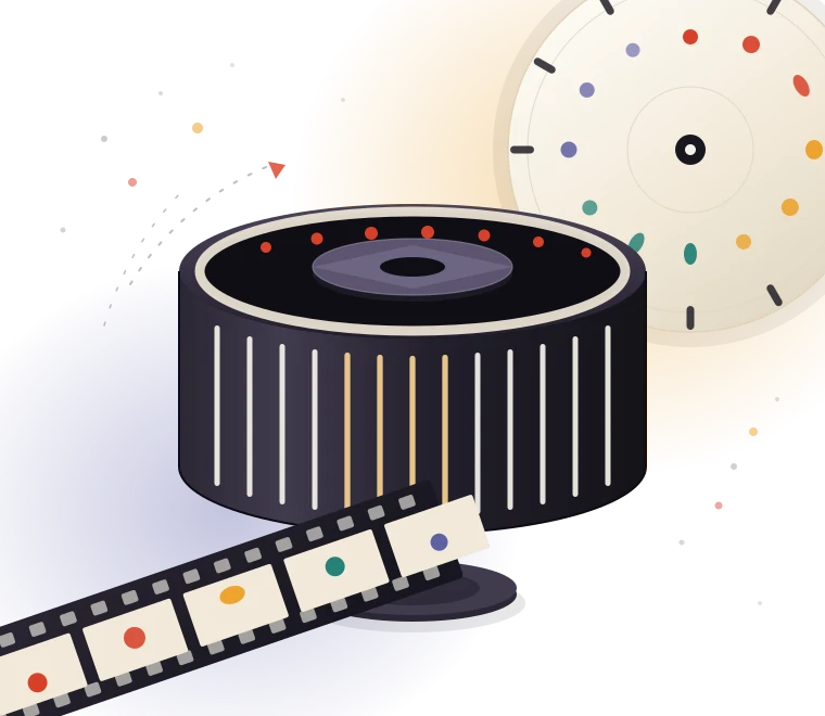 Original illustration of a slotted viewing drum on a spindle, a phenakistiscope disc behind it, and a strip of film crossing the foreground.