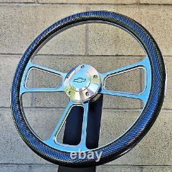 14 Billet Steering Wheel Tri Spoke Carbon Fiber Half Wrap with Chevy Bowtie Horn