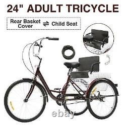 24 Adult Tricycle Three Wheel Trike Bike Cruiser with Rear Basket Child Seat