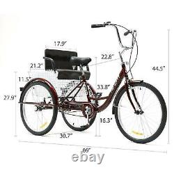 24 Adult Tricycle Three Wheel Trike Bike Cruiser with Rear Basket Child Seat