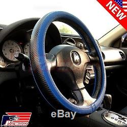 3D Blue Black Carbon Fiber Style Leather Steering Wheel Cover Protector Slip-On