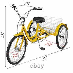 Adult Tricycle 20'' 1-Speed 3 Wheel Yellow Trike Bike Shopping With Lock Bike