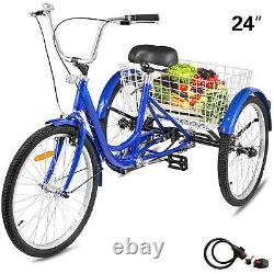 Adult Tricycle 24 1-Speed 3 Wheel Blue Exercise Shopping Bicycle Large Basket