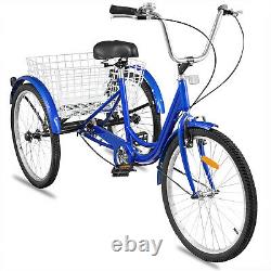Adult Tricycle 24 1-Speed 3 Wheel Blue Exercise Shopping Bicycle Large Basket