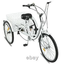 Adult Tricycle 24'' 7-Speed 3 Wheel White Trike Shopping Bike Riding With Basket