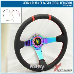 Fit For 350MM Black CF Red Stitches Neo Spoke Racing Steering Wheel+BD Logo