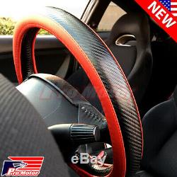 JDM Premium Black Carbon Fiber Leather Steering Wheel Cover Protector Slip-On P5