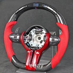 REAL Carbon Fiber LED Steering Wheel RED Leather For BMW M3 X1-X6 WithRED CF Trim