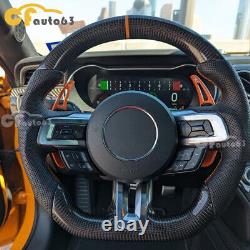 Real Carbon Fiber Flat Steering Wheel Fit for 2015-2023 Ford Mustang Orange Line