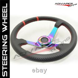 Universal Fit 350MM Black CFL Neo Spoke Sport Racing Steering Wheel+JDM Logo