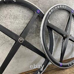 Vintage Spinergy Rev X Carbon Fiber Wheel Set 700c 4 Spoke Clincher Cassette 130